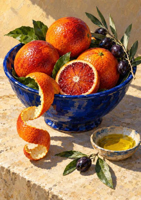 Blood oranges and dark olives in a cobalt bowl, with leafy branches, hanging orange peel, golden oil, and loose fruit on a stone counter.