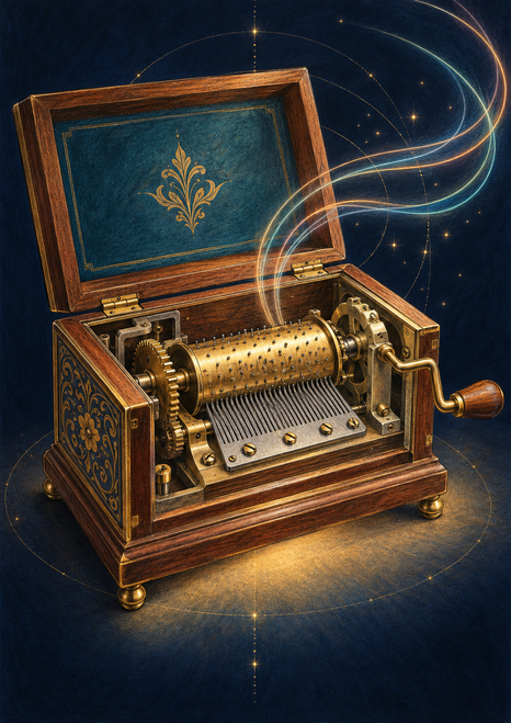 Ornate open wooden music box with exposed cylinder, comb-like teeth, gears, and crank, with curved light trails against a dark blue background.