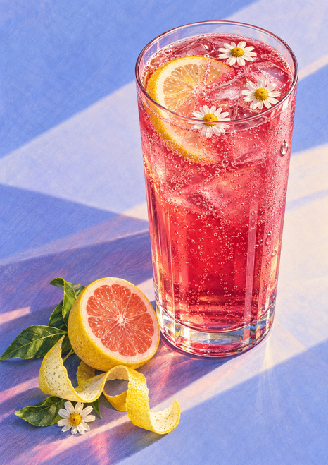 A tall glass of ruby-pink sparkling lemonade with bubbles, a lemon wheel and white blossoms, beside citrus, peel and leaves on a pale blue-lavender surface.