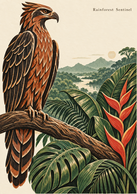 A carved-looking dark bird with a hooked beak perched on a diagonal branch above glossy tropical leaves and a red-orange flower, with a river landscape behind it.