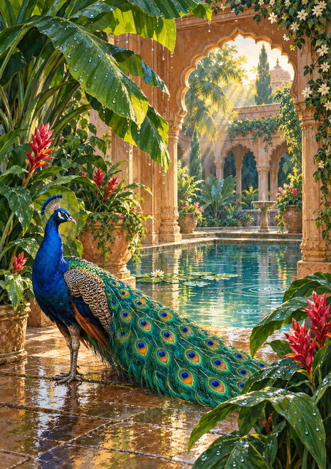 A cobalt-blue peacock fans its patterned tail across wet stone in a lush courtyard with foliage, terracotta architecture and a reflecting pool.