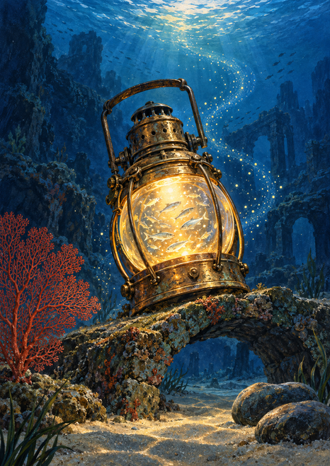 A glowing brass lantern with tiny fish inside its lit glass rests on a rocky arch beneath deep blue water.