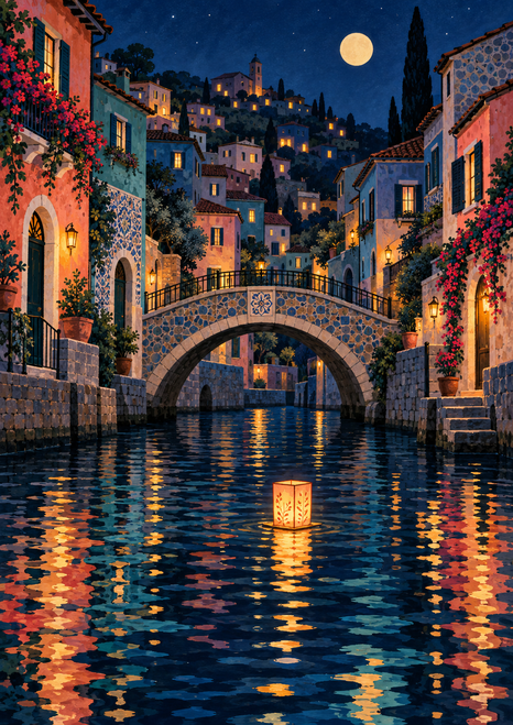 A glowing lantern floats on a moonlit canal beneath a stone arch bridge, surrounded by colorful houses and bright reflections.