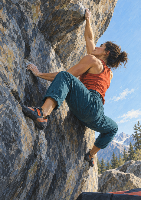 Adult climber in a rust-red top and teal trousers reaching upward on a steep gray rock face, with a pale sky and distant mountains.