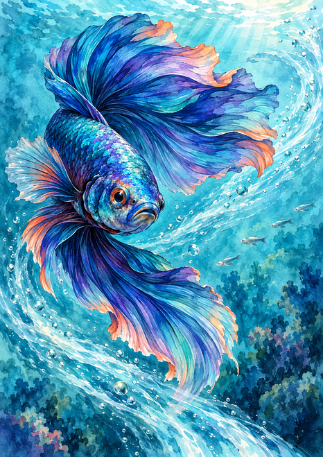 Large blue-violet betta fish with long flowing fins turning through a curling aquamarine current, with bubbles and small silver fish in the distance.