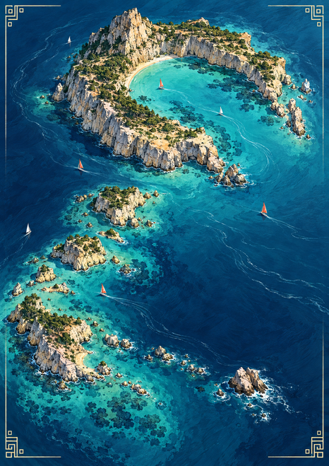 Map-like illustration of a crescent-shaped rocky island around a turquoise bay, smaller islands, tiny sailboats, and a fine gold border.