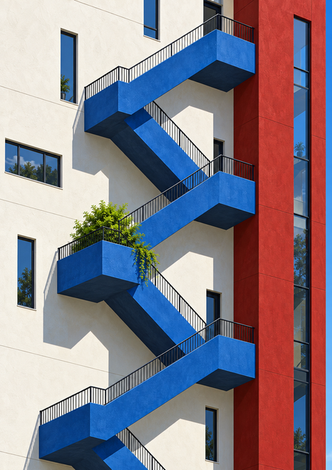 Cobalt-blue exterior stair zigzagging across a white modern facade beside a red vertical section and planted landing.