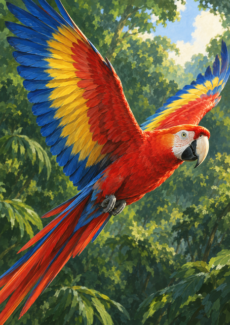 Scarlet macaw flying across a leafy green canopy, wings extended and long red-and-blue tail trailing toward the lower left.