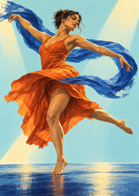 Barefoot dancer in an orange dress pivots with one leg extended as blue fabric curves around her against a pale aqua background.