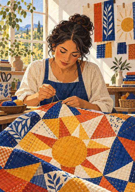 Adult woman sewing a colorful patchwork quilt with a large gold sunburst motif in a bright studio.