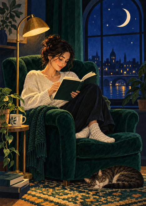 Woman reading in a deep green armchair beside a crescent moon window, with a warm lamp, plants, shelves, and sleeping cat.