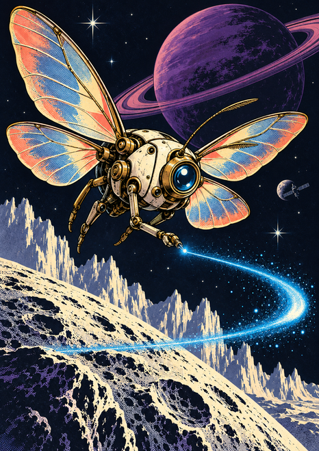 Mechanical moth with colorful wings above a cratered lunar ridge, beneath a ringed violet planet and a glowing blue arc.