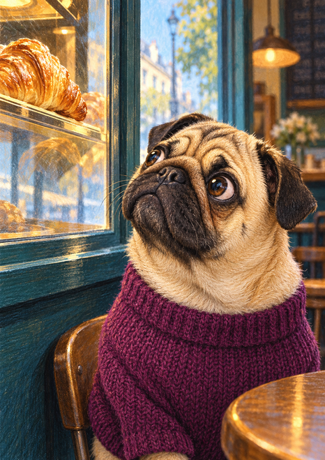A fawn pug in a plum knit sweater looks toward a croissant behind teal-framed café glass.