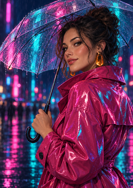 Adult woman in a glossy magenta raincoat and amber geometric earrings turning beneath a clear umbrella against blurred neon city lights.