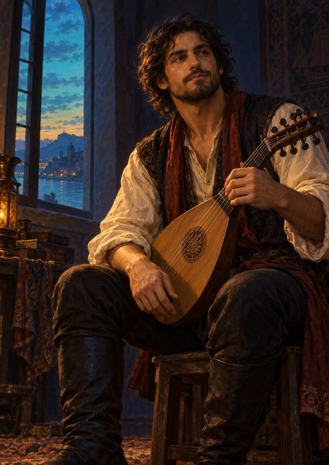 Seated adult musician holding a wooden pear-shaped lute beside a tall arched window with a blue dusk waterside view.