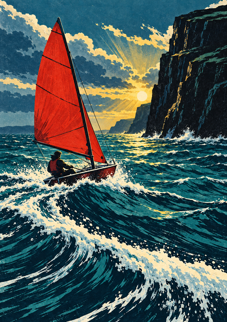 Red-sailed dinghy with a seated sailor crossing a choppy bay beneath a dark cliff, lit by a golden break in the clouds.