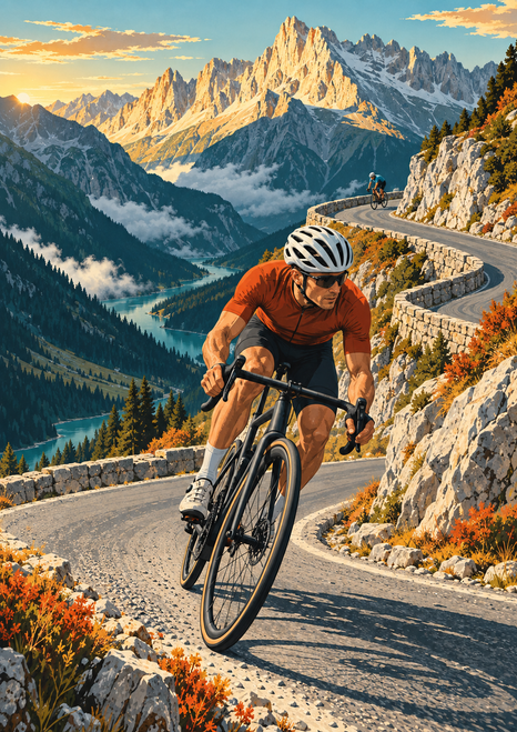 Two cyclists ride a winding alpine road, with the foreground rider in an orange jersey beneath a sunlit rocky ridge.