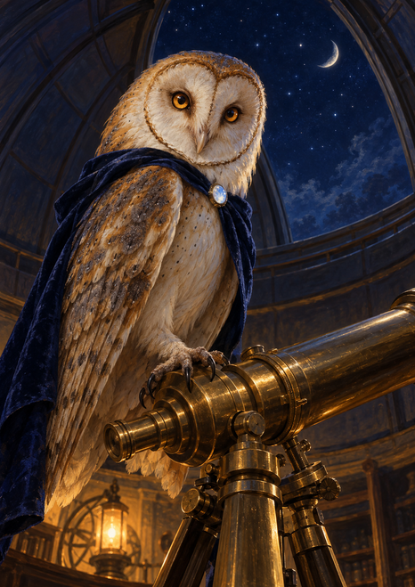 A tawny barn owl in a blue mantle perches beside a brass telescope beneath a crescent moon in an observatory.
