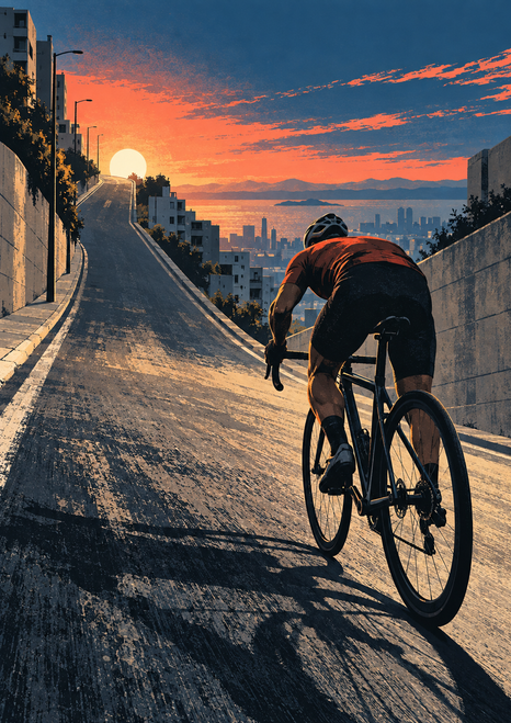 Rear-view cyclist riding uphill on a steep urban road toward a coral dawn, with a long shadow, city buildings, and distant water.