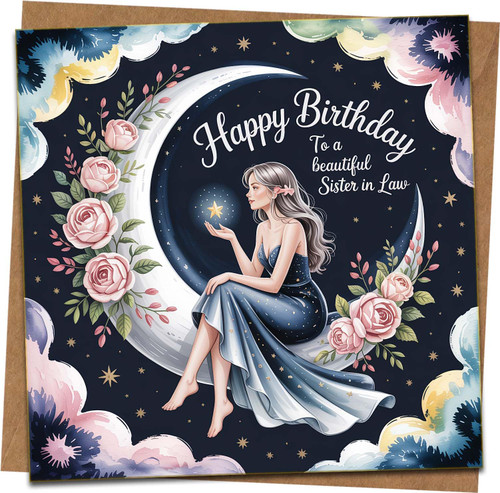 Sister-in-Law Birthday Card, Celestial Moon and Roses Design, Square Greeting 145mm x 145mm, Happy Birthday Message, Premium Card with Kraft Envelope