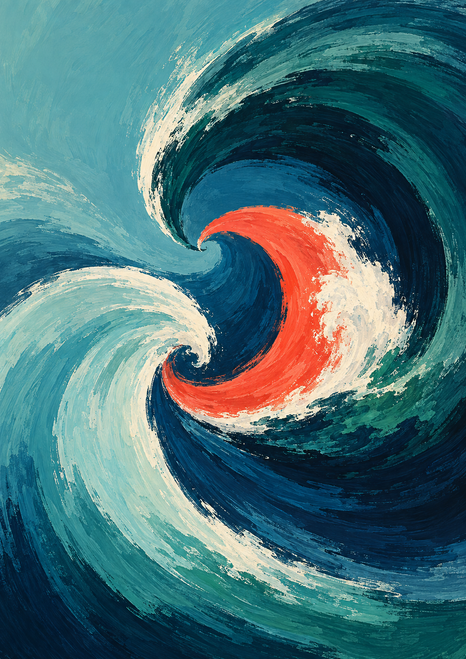 Interlocking dark teal, navy and pale aqua curls revolve around a coral-red crescent and ivory foam-like area.