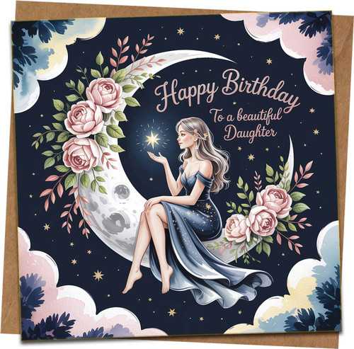 Happy Birthday Daughter Card - Moon & Roses Illustration, 145mm x 145mm, Premium Greeting Card with Kraft Envelope, Starry Night Design, Elegant Keepsake for Her