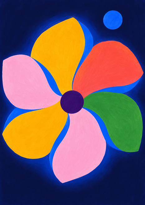 Six-petal geometric flower rosette in saffron, coral, green and pale pink, with a violet center and detached blue circle on indigo.