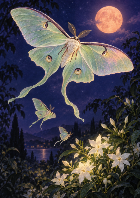 Large pale green long-tailed moth above two smaller moths and white night-blooming flowers, with an orange moon over a dark landscape.
