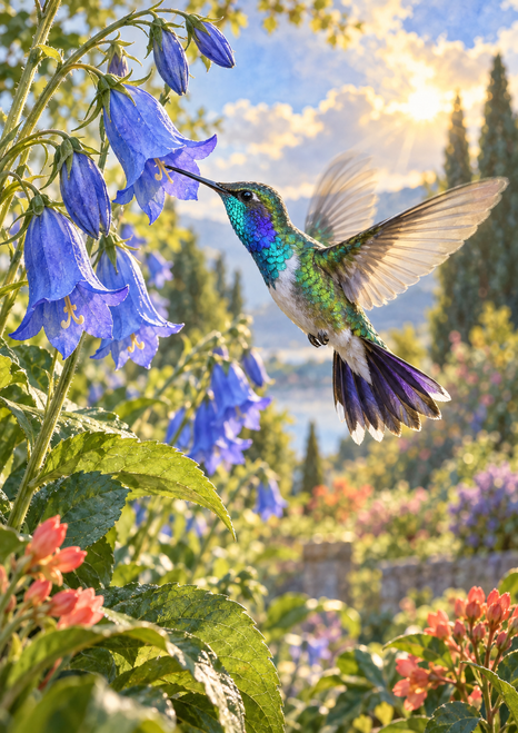 Green-and-violet hummingbird hovering beside a cluster of blue bell-shaped flowers in a softly lit garden.