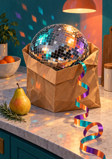 Mirrored disco ball in an open brown grocery bag on a kitchen counter, with curling colorful ribbon, a pear, and rosemary.