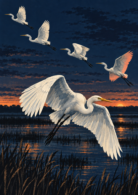 Five white herons fly above dark marsh reeds and reflective water beneath a narrow orange-apricot sunset.