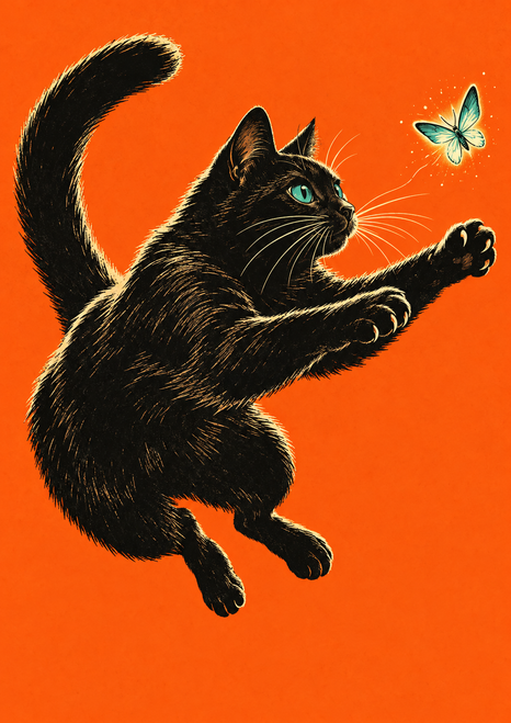 A black cat with cream whiskers and a teal eye leaps toward a small pale green and blue winged insect on a saturated orange background.