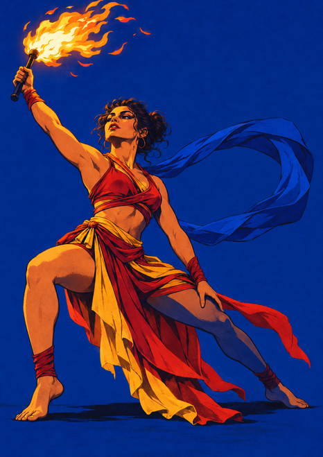 Bare-footed dancer in red and saffron costume raises a flaming baton as a blue sash streams behind against an ultramarine background.