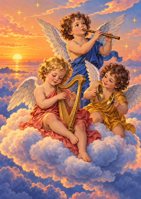 Three winged cherub-like figures playing a harp, flute, and cymbals on clouds beneath a warm sunset sky.