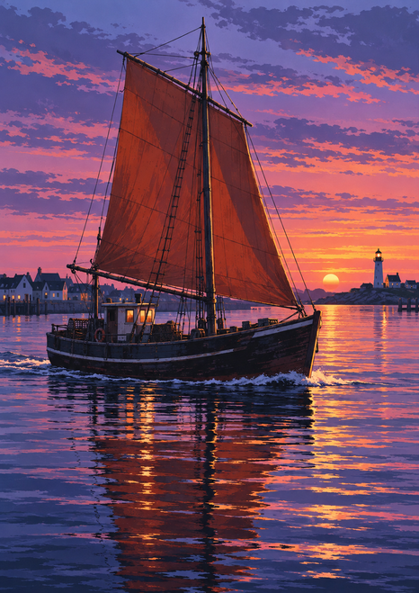 Dark sailing boat with a broad rust-red sail crossing violet harbor water, with a lighthouse, shoreline buildings, and sunset reflection.