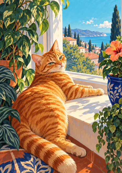 Ginger tabby lounging diagonally on a sunlit windowsill beside leafy plants, a blue patterned pot, and a pink flower, with a coastal view outside.