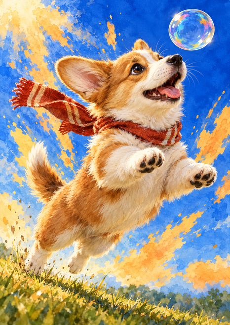 A scarf-wearing corgi puppy leaps toward an iridescent soap bubble against blue and golden-orange bursts.