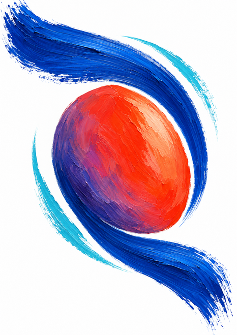 Coral-red oval surrounded by sweeping cobalt brushstrokes and two aqua arcs on a white ground.