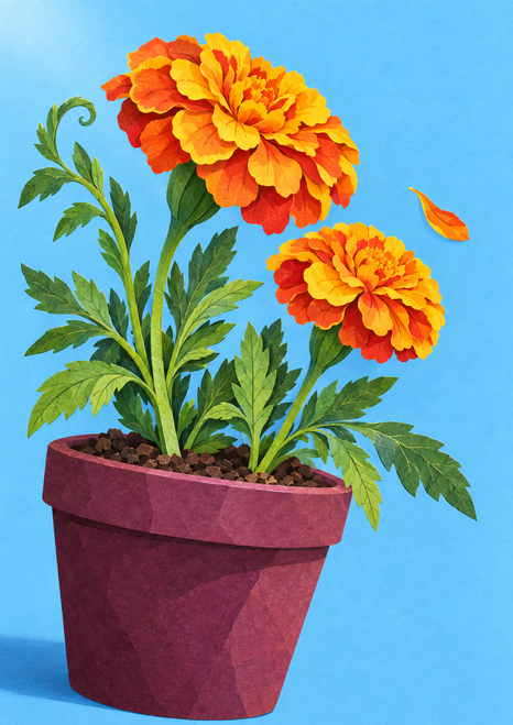 Two orange-yellow marigolds and green foliage in a plum pot against a sky-blue background, with a floating petal.