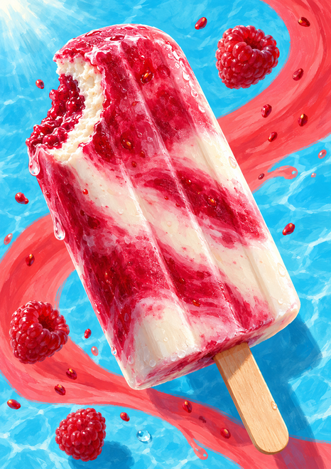 A bitten raspberry-and-cream ice pop on a wooden stick with raspberries against a vivid blue background and coral sweep.