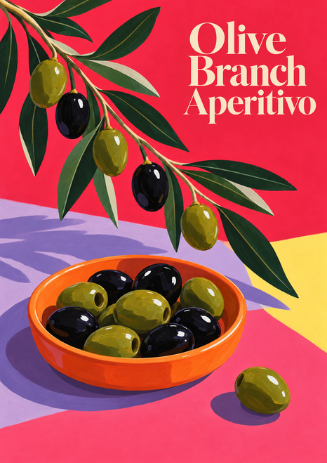 Dark green olive branch arcing over an orange bowl of green and black olives, with one loose olive on a pink-red surface and cream title lettering.