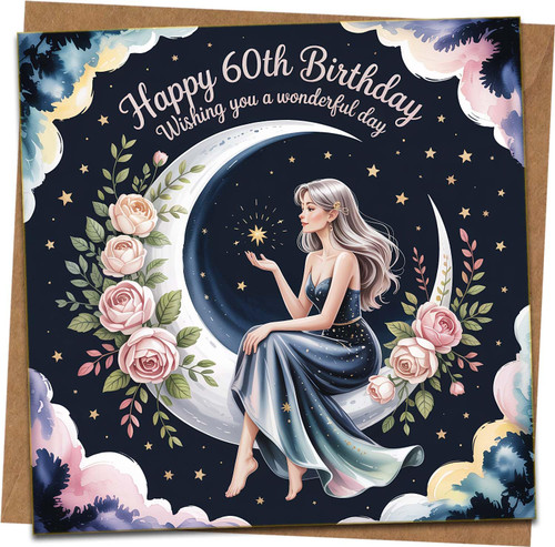 60th Birthday Card for Women – Square 145mm x 145mm Greeting Card with Kraft Envelope, Moon & Roses Design, Happy 60 Message, Elegant Milestone Sixty Card