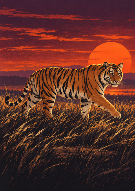 A striped tiger walks left to right through dark grasses beneath a large orange sunset and deep plum sky.