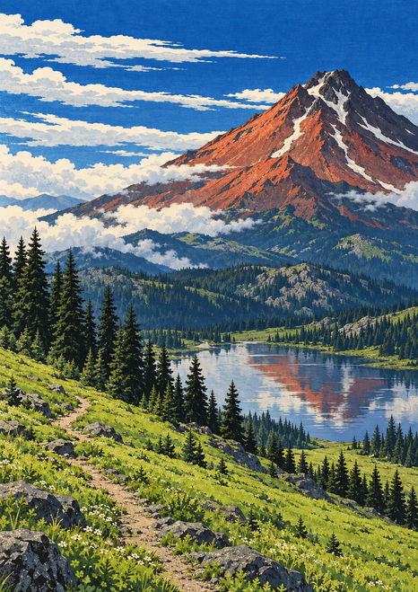 Rust-red mountain with snow remnants above evergreen hills, a bright meadow trail, and a lake with a broken reflection.