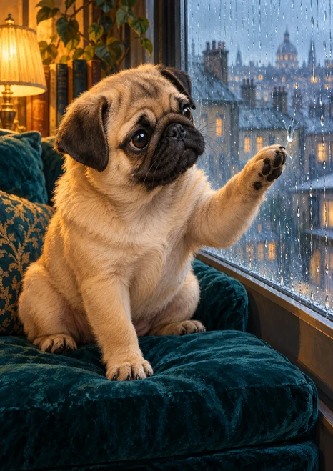 Fawn pug puppy on a deep teal seat, raising one paw toward a rainy window with blurred city rooftops beyond.