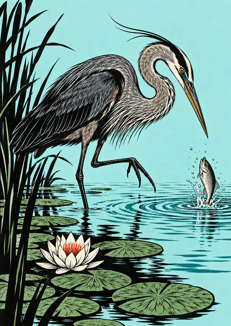 A heron bends toward a fish emerging from a lily pond, with reeds, lily pads, ripples, and a white water lily.