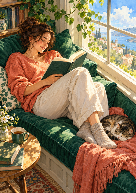 An adult woman reads an open book on a deep green window seat while a cat sleeps nearby in a sunlit room.