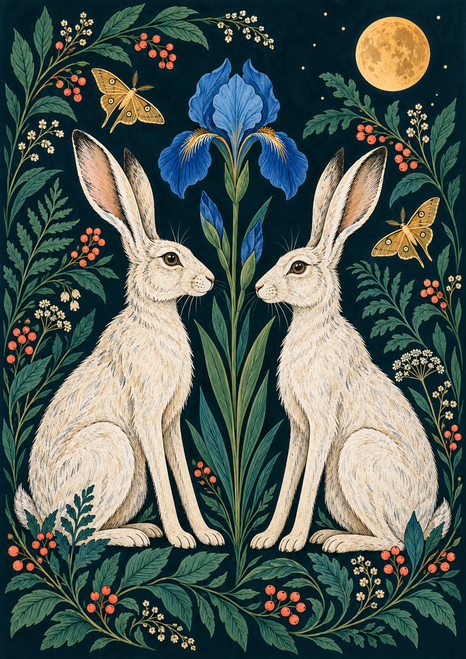 Two pale hares face one another across a blue iris, framed by leaves, coral berries, two golden moths, and an amber moon.
