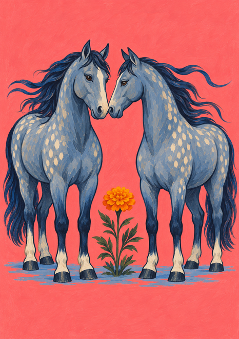 Two blue-gray, cream-dappled horses face nose to nose around an orange marigold on a coral-pink background.