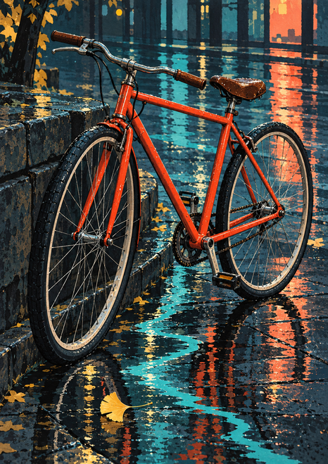 A vermilion bicycle leans against a dark curb on a wet urban street with turquoise and coral reflections and a yellow leaf.